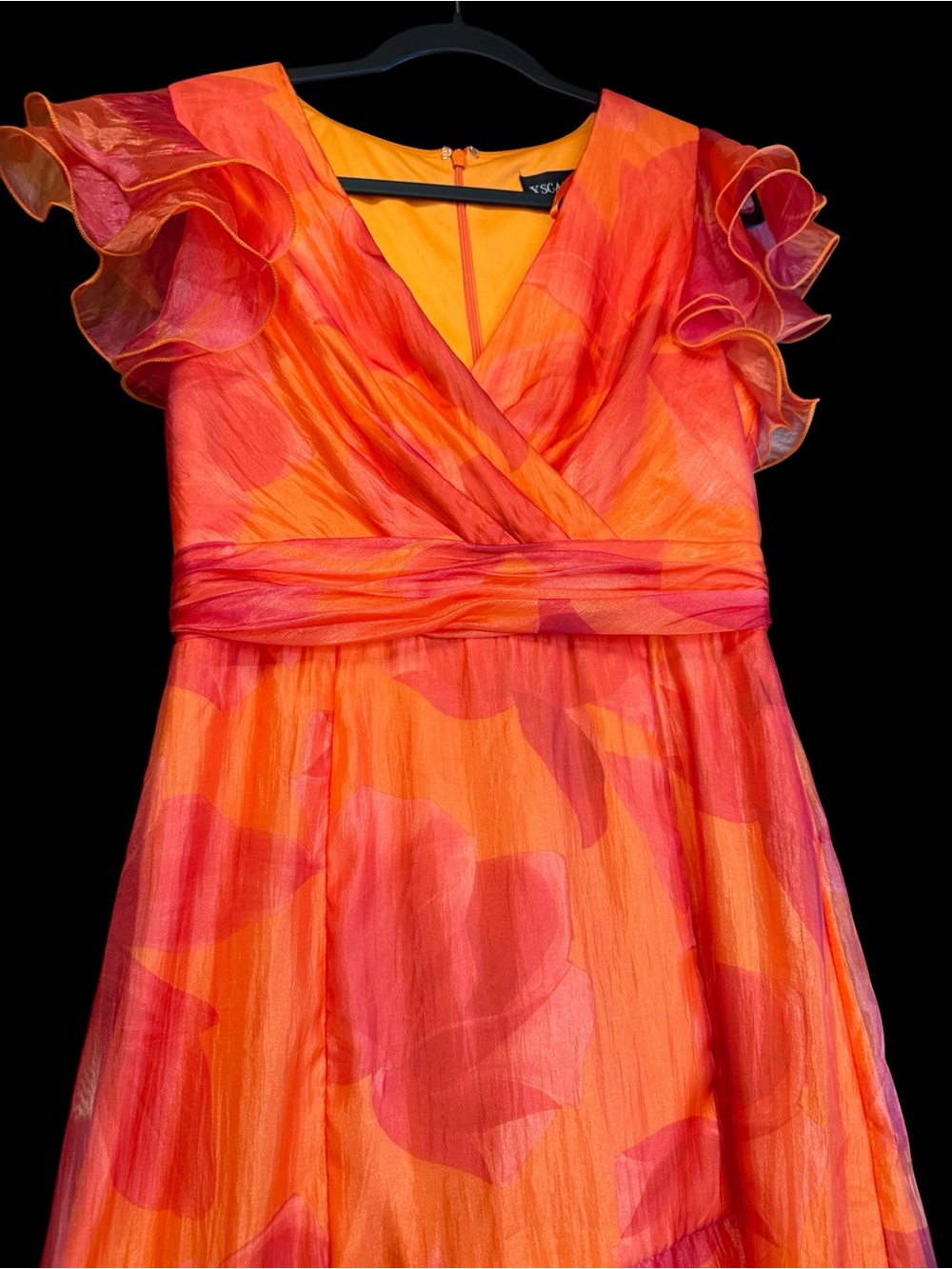 Xscape Organza Floral V-Neck Short Sleeve Ruffle A-Line Midi Dress Pink Orange - Picture 6 of 7